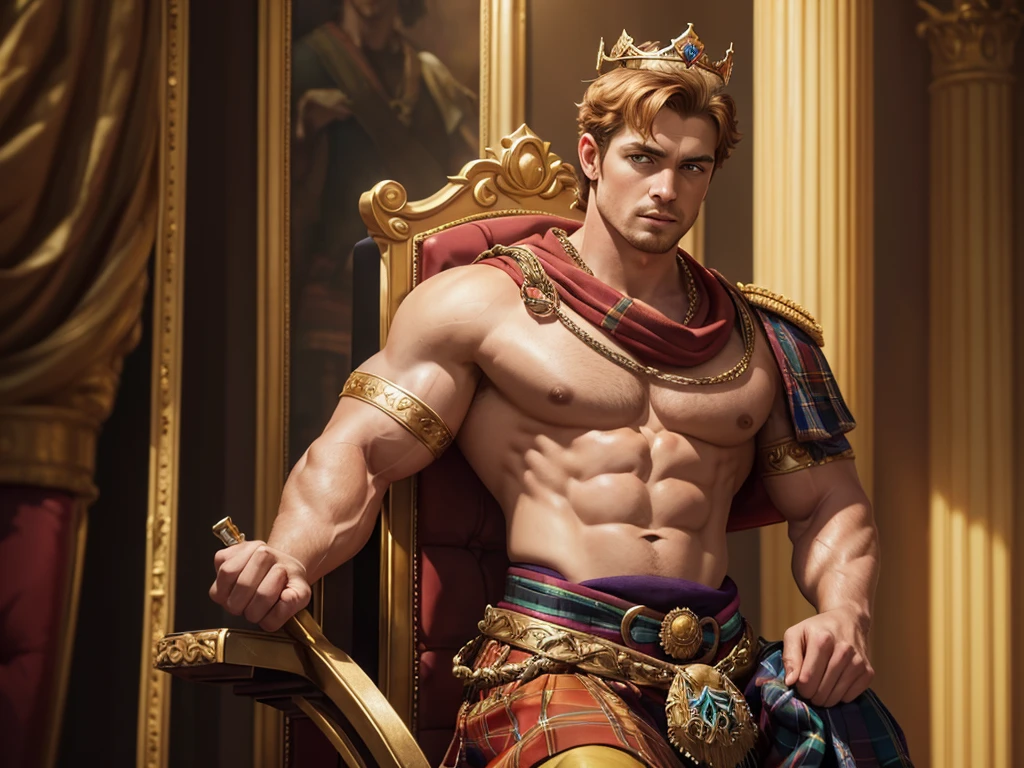 (a scottish prince,standing on a throne,wearing a crown,muscular pectorals and biceps,oil painting,realistic,highres,portrait,vivid colors,warm tones,soft lighting)