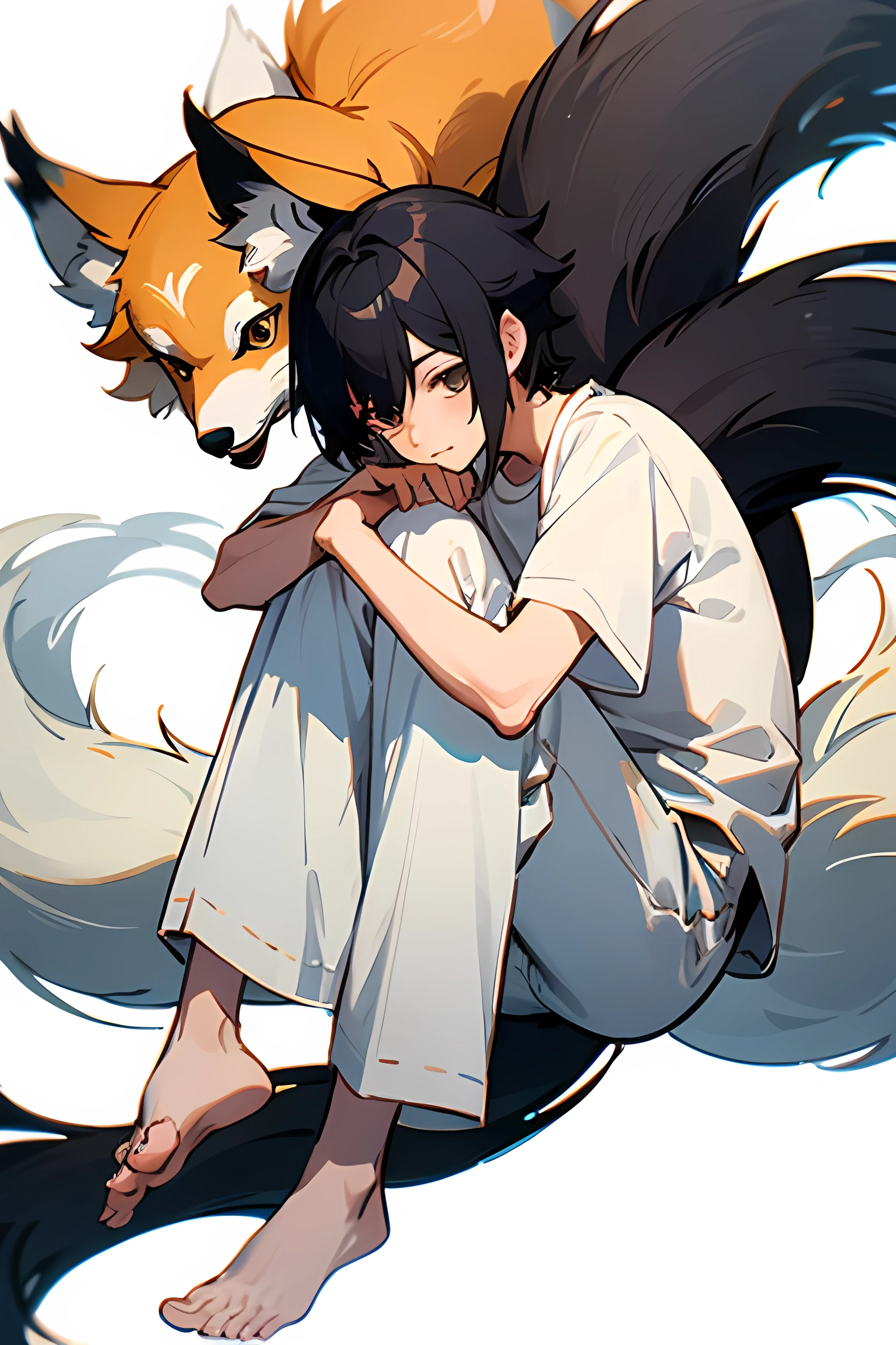 A two-tailed kitsune boy with black hair and a white t-shirt and white pants without shoes, shy and afraid