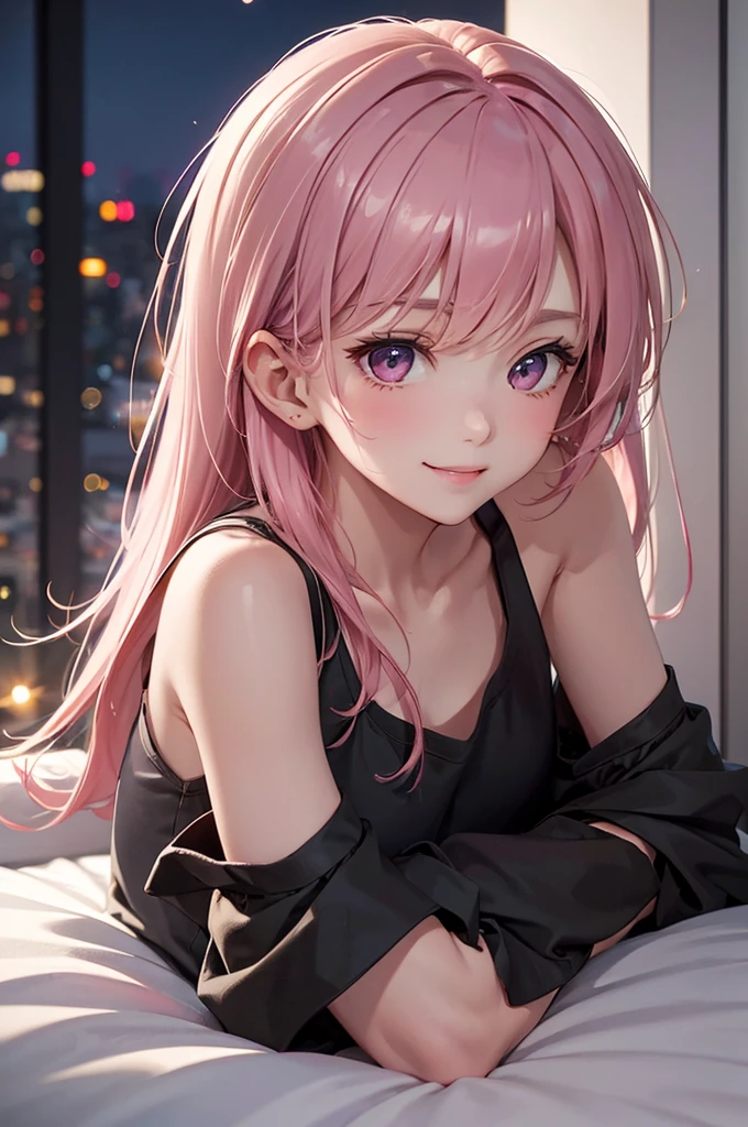 Best Quality,High resolution,8k,finelity detailed background,Masterpiece:1.2),beautiful girl,Shiny pink hair,messy hair,Pink eyes,Gentle look,A refreshing look,smile,Best quality,Best Quality,Aesthetic and aesthetic:1.2,Best details((Super detailed))(High-definition CG illustrations),Dark grey underwear, (dark gray),Slender body,night,moon,Bedroom,On the bed,smile,blush,cute,Scrounge,Looking up,Being spoiled,super model,wariza,shoot from,below