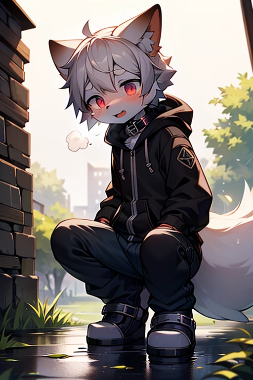 Short white hair ,view:from the side,Solitary, 1 person, Above the puddle, close your right eye,trousers(up to knees),The tail is hairy, ,,Handcuffs,Long Parka,Cute sleeves，Shota,Black over-the-knee boots,Thick-soled stilettos,Arms Back,Condition:Hands tied behind the back,and,Shortness of breath,Embarrassed face,Sticking out tongue,Sweating,vibrator,Open your legs,Tear,Slobber,Gray hair，With a collar