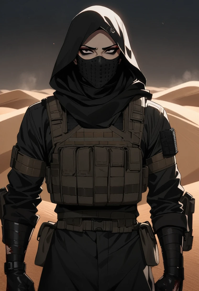 Male arab modern terrorist, terrorist, black balaclava, blood on body, black clothes, thin waist, femboy, light skin, makeup, black eyeliner, big eyelashes, black eyeshadow, choker, desert, night, sandstorm