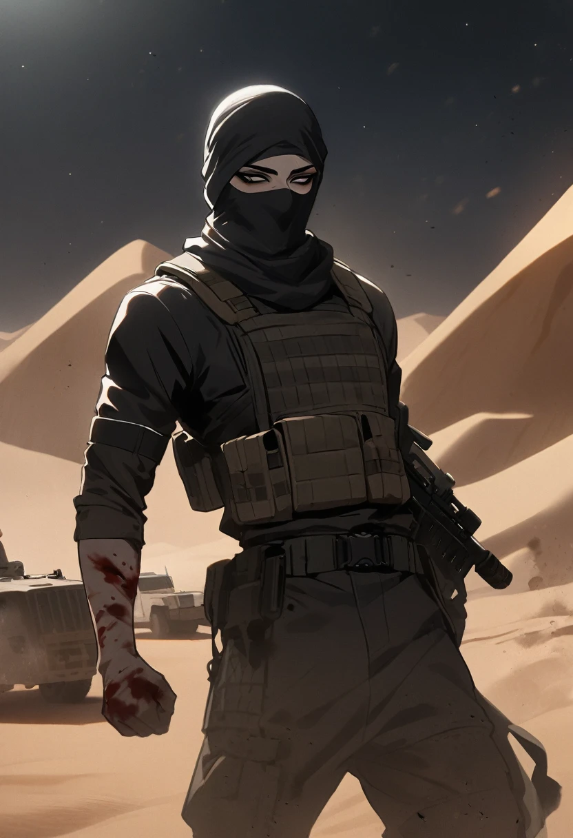Male arab modern terrorist, terrorist, black balaclava, blood on body, black clothes, thin waist, femboy, light skin, makeup, black eyeliner, big eyelashes, black eyeshadow, choker, desert, night, sandstorm