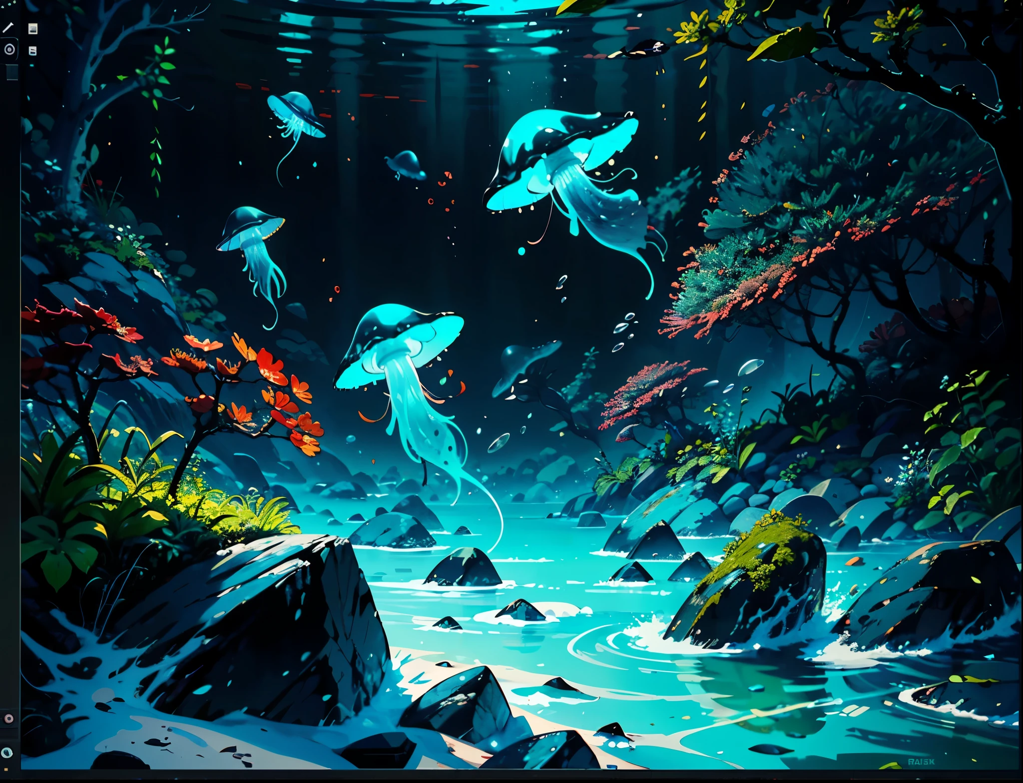 Masterpiece, best quality, (very detailed CG unity 8k wallpapers), (best quality), (best illustrations), (best shadows), marine theme with natural elements. Tall mangroves, rich marine plants, glowing jellyfish, surrounded by schools of fish, glowing particle effects,, (marine plants), (ocean theme), ((luminous algae)), (coral), ((glowing jellyfish )), ((Glow Creatures in Seawater)), ((Sea Fire)), (((Particle Effect))), Isometric 3D, Octane Rendering, Ray Tracing, Super Detailed --v6