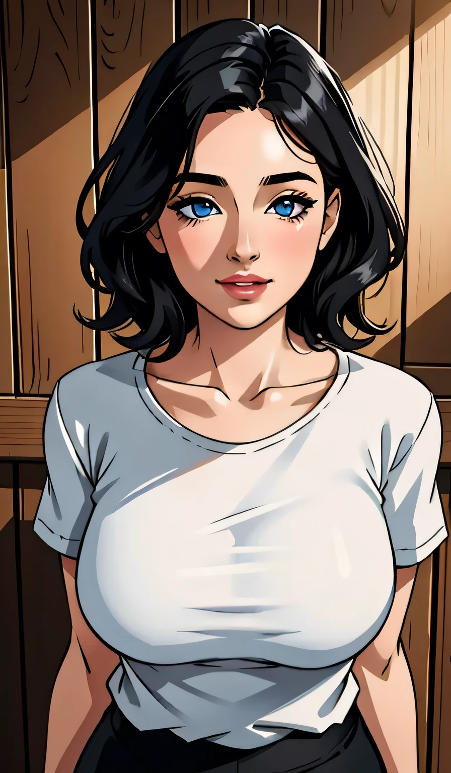 (best quality,4k,8k,highres,masterpiece:1.2),ultra-detailed,(realistic,photorealistic,photo-realistic:1.37),portraits,sexy,cute,woman,short black hair,bob style,beautiful face,plump face,seductive blue eyes,medium nose,deep pink blush,glossy red lips,smiling,long neck,visible collarbone,white t shirt,black graphics,shiny black pants,wooden wall,natural lighting,intimate moment