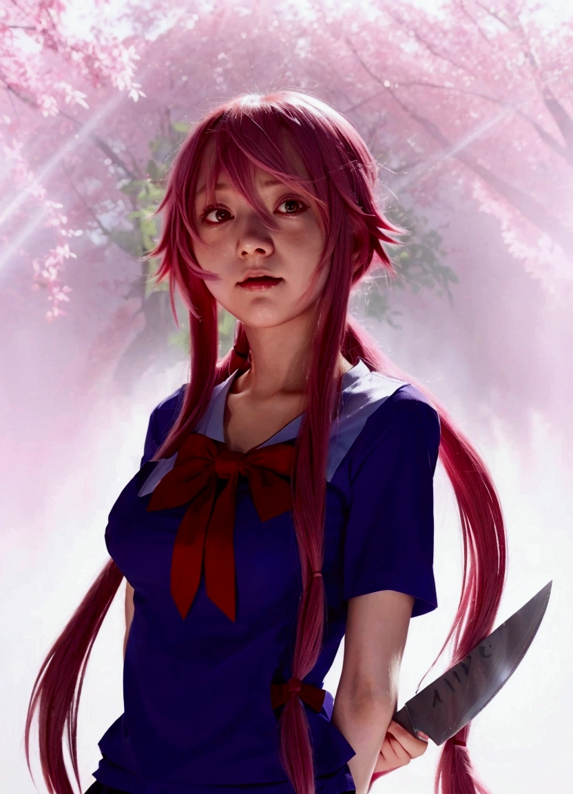 anime girl with long pink hair holding a knife and wearing a blue shirt, gapmoe yandere, iwakura lain, gasai yuno, yandere. tall, yandere, gasai yuno, [[[[gasai yuno]]]], gasai yuno, gasai yumo, mirai nikki 