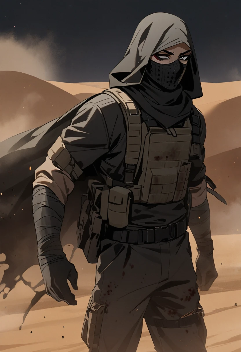 Male arab modern terrorist, terrorist, black short balaclava, green bangs, black bandage, white eyes, black clothes, black pants, thin waist, sexy body, femboy, red skin, makeup, black eyeliner, big eyelashes, black eyeshadow, metal choker, desert, night