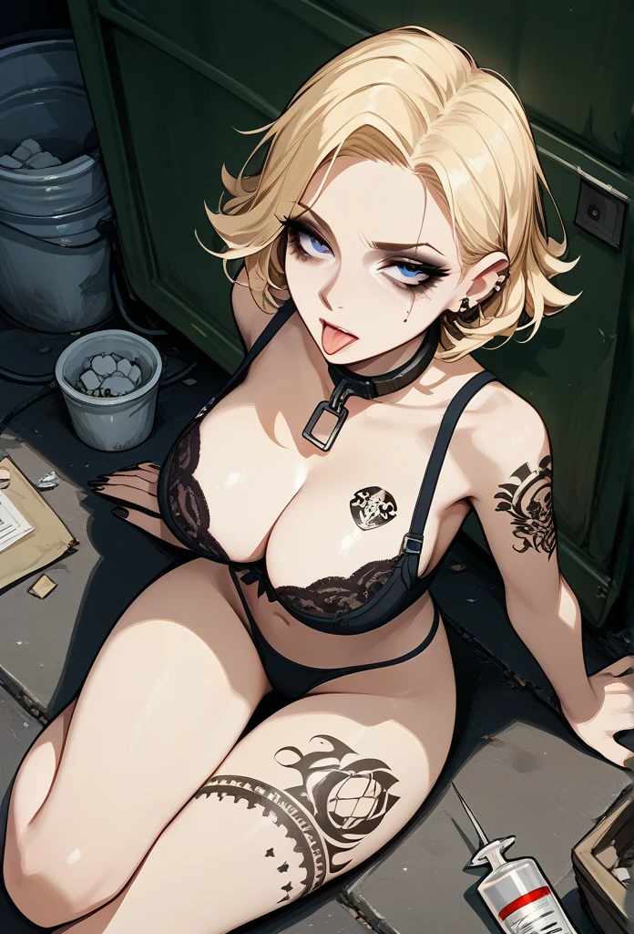 masterpiece, best quality, mature woman, blonde hair, sharp eyes, curvy body, dirty alley, sitting on the floor, bra, thong, besides dumpster, above view, front view, tongue out, hand on thighs, hopeless eyes, despair eyes, slave tattoo, syringe, junkie, tattoos, eye bags, tired, eye shadow