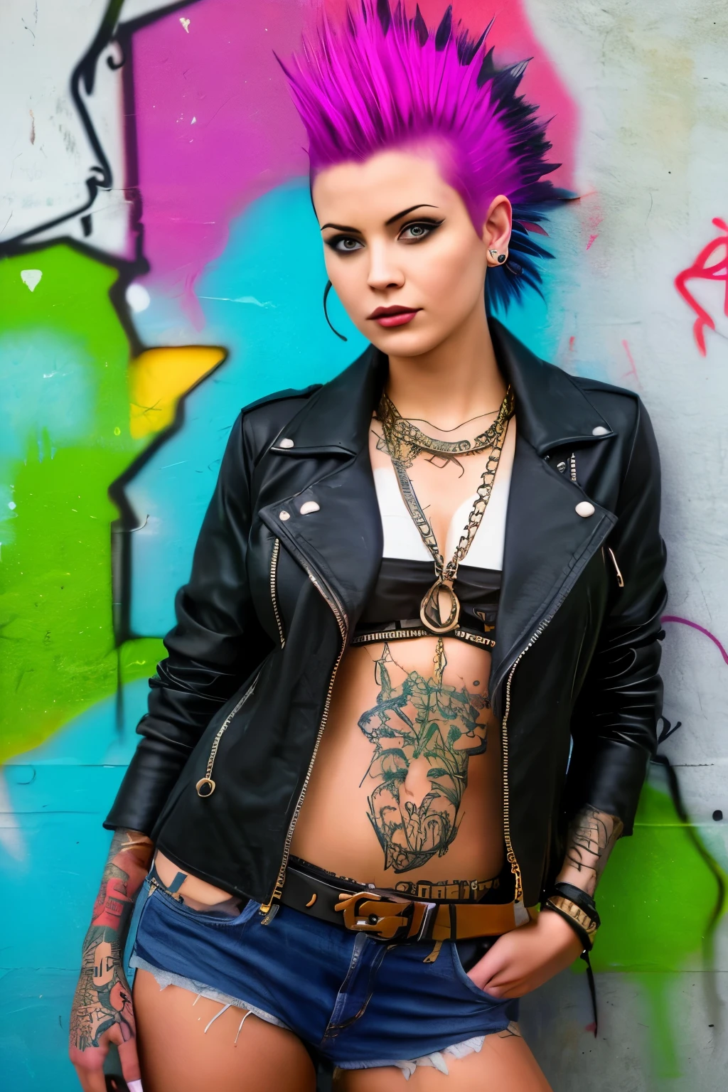 (work of art, best qualityer:1.2), 1 girl ,intrincately detailed, "Punk Girl", in dynamic pose, ((spike mohawk hair, punk hair, wearing a black jacket, chains, Rocket style, tattooed , (((hot Body))) , abs)) . Shallow depth of field, vignette, highy detailed, high budget, bokeh, cinemascope, temperamental, epic, marvelous, film grain, grainy. ((Abandoned grafitti wall background)).