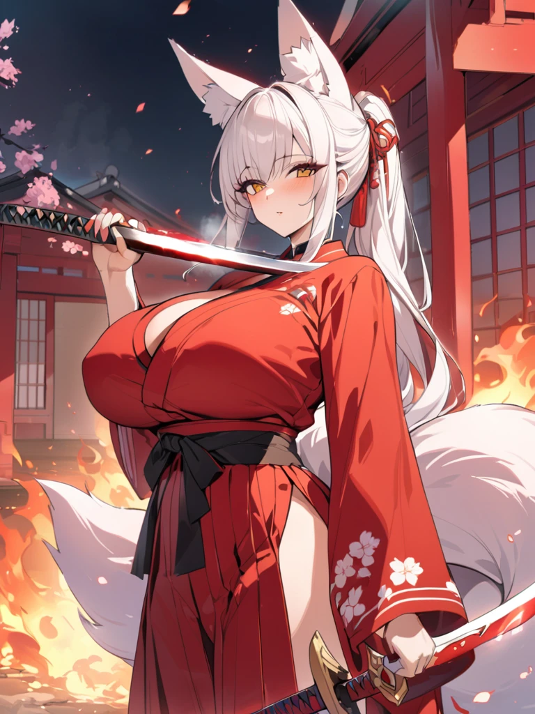 Red long ponytail、Fox ears and nine fox tails of the same color as her hair、A sword with a burning blade、A man wearing a red jacket and hakama、Very large bust、Cherry blossoms and flames scatter、Mature Woman、Masterpiece、8k