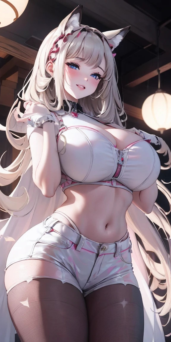 Nejire hado, big breasts, in fine white lingerie, she is blushing, she is embarrassed, legs spread, white hair, pink panties, sexy, attractive, embarrassing look, she is drooling and her saliva is running down her.