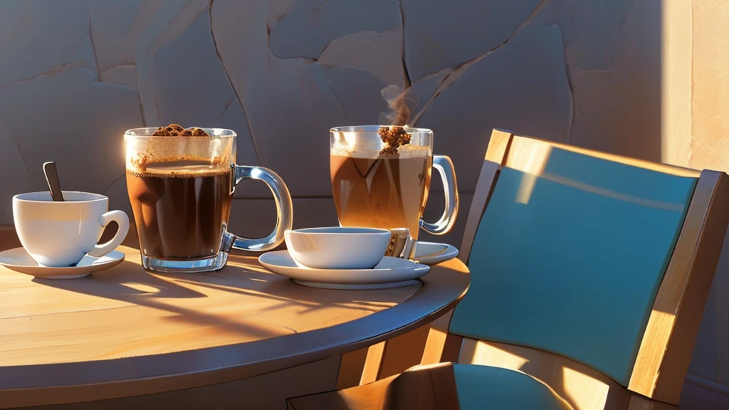 there is a cup of coffee on a saucer on a table, cozy cafe background, morning coffee, A coffee, coffee mug, Amazing wallpapers, kawa, high detailed official artwork, portrait of morning coffee, highly detailed scenario, photorealistic illustration, arte de fundo, Relaxing concept art,