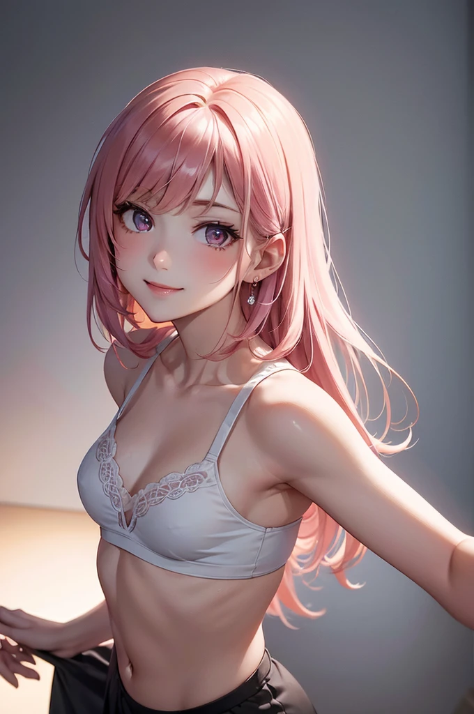 Best Quality,High resolution,8k,finelity detailed background,Masterpiece:1.2),beautiful girl,Shiny pink hair,crossed bangs,Pink eyes,Gentle look,A refreshing look,smile,Best quality,Best Quality,Aesthetic and aesthetic:1.2,Best details((Super detailed))(High-definition CG illustrations),Upper Body,Dark grey underwear, (dark gray),Slender body,night,moon,Bedroom,On the bed,smile,blush,cute,Scrounge,Looking up,Being spoiled,super model,wariza,shoot from,below