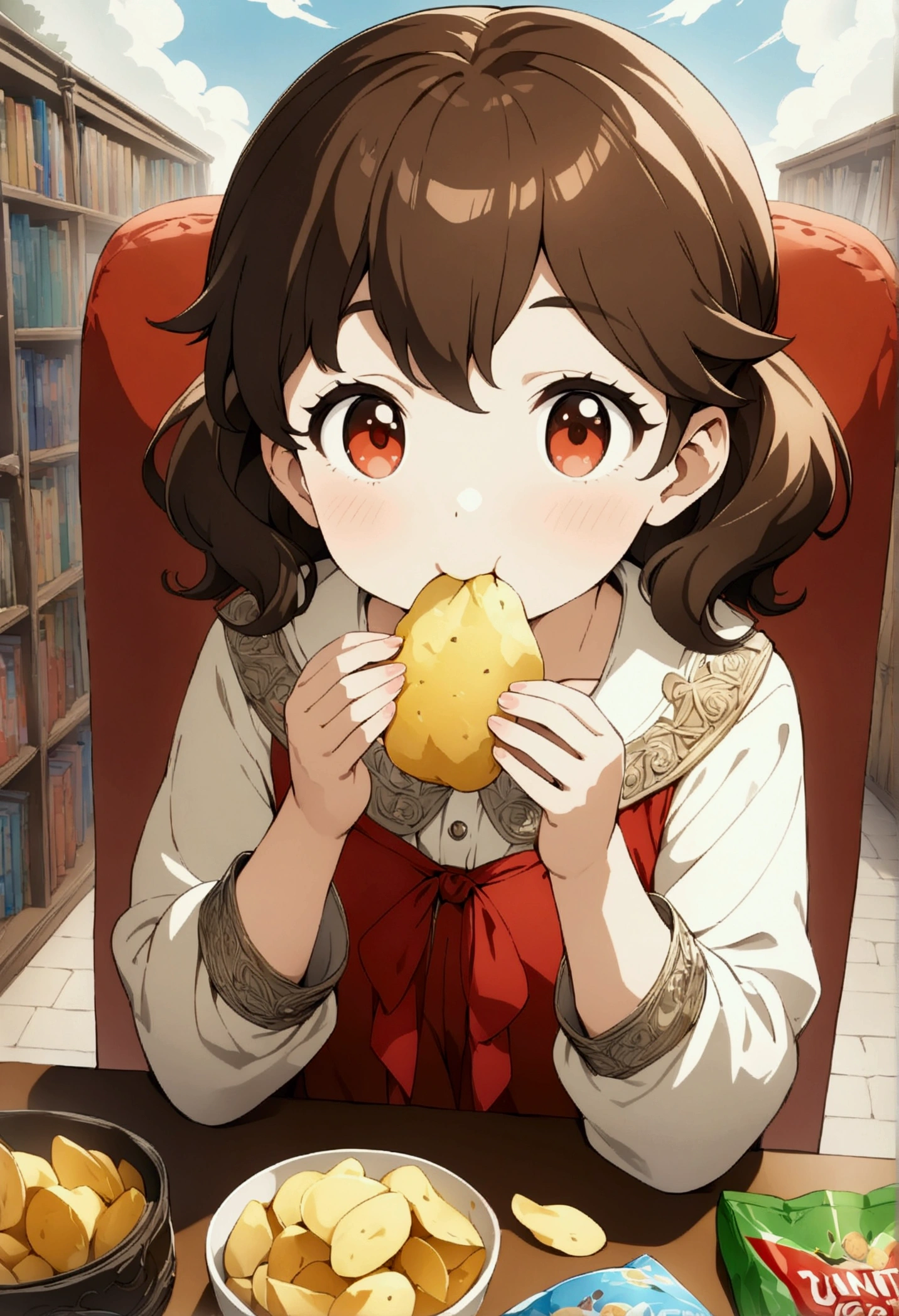 One girl,Anna Yamada,The fate of the people,Intricate details,Wide range of colors,artwork,rendering,(masterpiece:1.3),(Highest quality:1.4),(Very detailedな:1.5),High resolution,Very detailed,unity 8k wallpaper,pop,cute,Eating potato chips,School Library Background