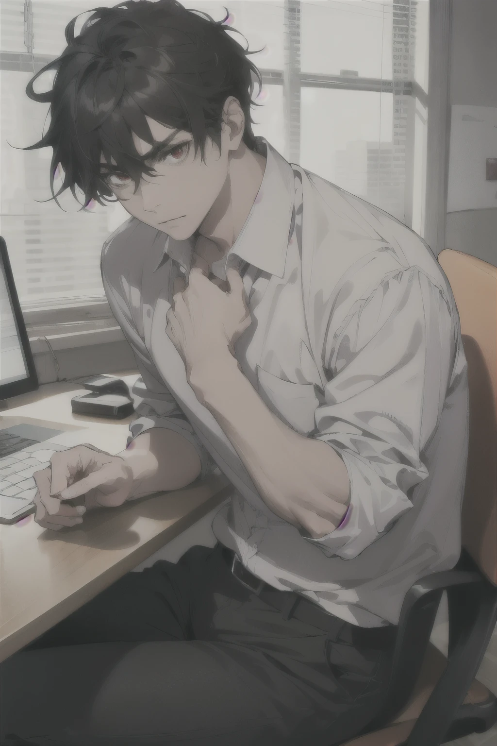man, mid age, black hair, red eyes, serious expression, desk, vibrant colors