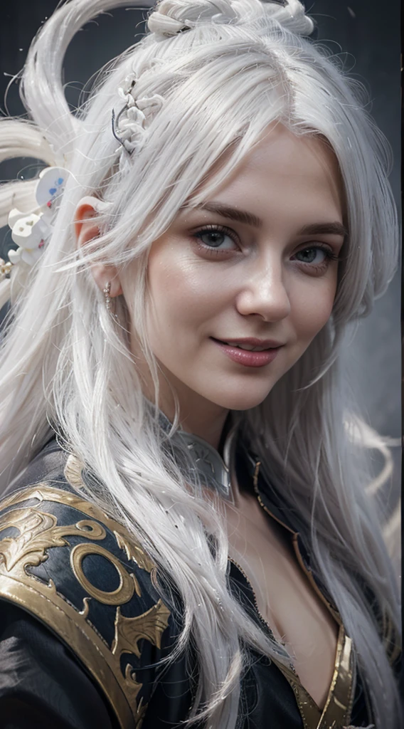 a close up of a person with white hair and a sword, white haired deity, with white long hair, with long white hair, artwork in the style of guweiz, white haired, guweiz, handsome guy in demon slayer art, beautiful character painting, lovely smile, beautiful smile, smiling, by Yang J, white-haired, guweiz on pixiv artstation, anime character