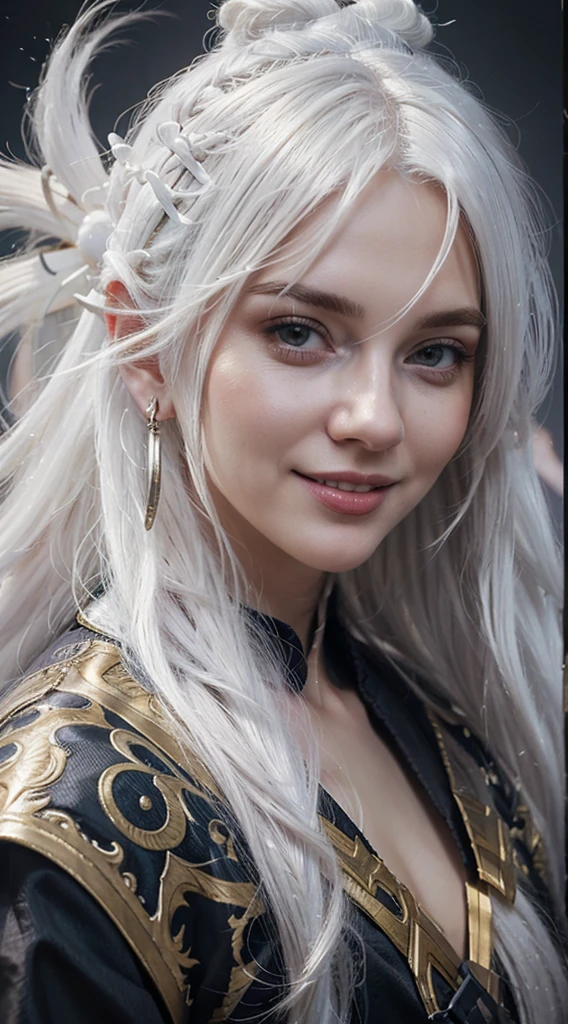 a close up of a person with white hair and a sword, white haired deity, with white long hair, with long white hair, artwork in the style of guweiz, white haired, guweiz, handsome guy in demon slayer art, beautiful character painting, lovely smile, beautiful smile, smiling, by Yang J, white-haired, guweiz on pixiv artstation, anime character