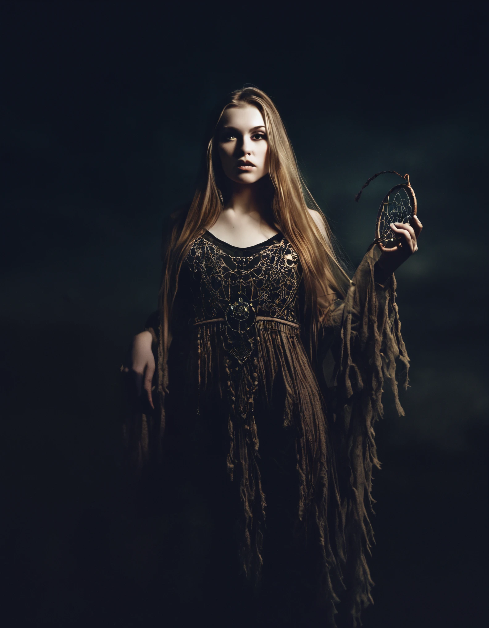 RAW photo, photorealistic, film grain, pale skin, evil slavic woman, long dark blond hair, eye catchlights, atmospheric lighting, imperfections, natural, epiCRealism, art by mooncryptowow .A mesmerizing mystic-style photo of a oneiromancer standing amidst the fading twilight, her attire shimmering like crystallized dreams. The enchanting figure holds a staff with a dream catcher dangling from it, weaving a spellbinding scene that captivates the viewer. Her flowing garments emit an ethereal aura, glistening with otherworldly magic. The background features soft earthy tones, with a hint of dusk's fading light. The graphic novel style showcases flat outlines and bold ink lines, creating a captivating and dreamlike atmosphere., boudoir erotic... stylish. photoshoot. hyper-detailed hypermaximalist dynamic style. Erotic photography. Boudoir. Glamour style.... great lighting