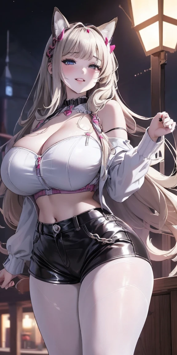 beautiful, breathtaking mature fox-woman, large, sagging breasts, light black hair with white streaks, earrings, (short shorts, superiority, naughty, thick thighs, with a sexy neckline: 1.1), (micro shorts: 1.1), ((masterpiece, best quality; 1.3)), ultra detailed, 8k unity wallpapers, CG, ray tracing, illustration, colorful, cinematic shadow, extremely detailed and beautiful background, vhd, VRay Shading, RT)), (slutty face: 1.2), mischievous smile, (large saggy breasts), wide hips, big ass, flirting with the viewer, facing the viewer, facial blush, standing in front, cute sexy pose, cowboy shot, on home porch, night, bright, bright light, ultra detailed, scenic, atmospheric, bimbo, big lips, detailed face and eyes, tilt headshot, intimacy, medium shot, thigh height, from below, gyaru, hair clip, ((wearring white sheer pantyhose)), long legs, long thighs, wide thighs, wide seductive pelvis, wide seductive ass, huge massive ass, seductive mature sex body