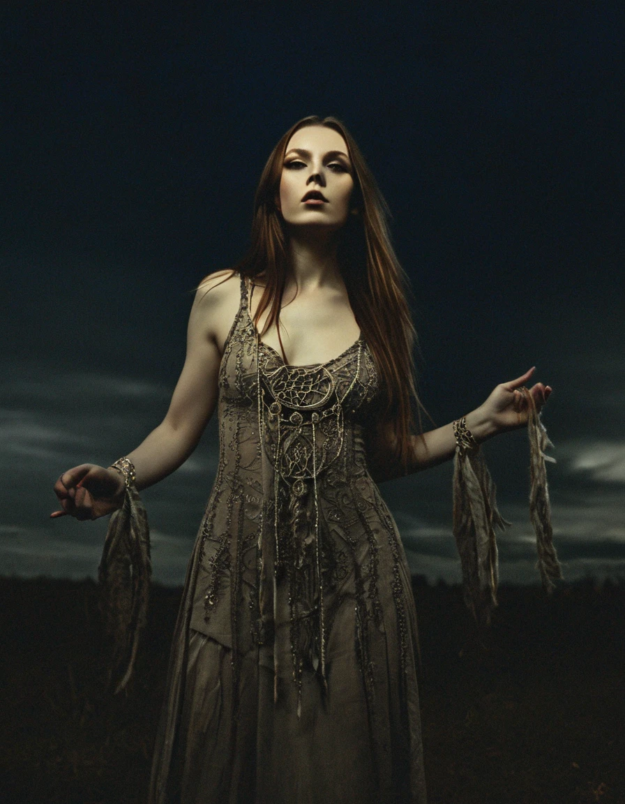 RAW photo, photorealistic, film grain, pale skin, evil slavic woman, long dark blond hair, eye catchlights, atmospheric lighting, imperfections, natural, epiCRealism, art by mooncryptowow .A mesmerizing mystic-style photo of a oneiromancer standing amidst the fading twilight, her attire shimmering like crystallized dreams. The enchanting figure holds a staff with a dream catcher dangling from it, weaving a spellbinding scene that captivates the viewer. Her flowing garments emit an ethereal aura, glistening with otherworldly magic. The background features soft earthy tones, with a hint of dusk's fading light. The graphic novel style showcases flat outlines and bold ink lines, creating a captivating and dreamlike atmosphere., boudoir erotic... stylish. photoshoot. hyper-detailed hypermaximalist dynamic style. Erotic photography. Boudoir. Glamour style.... great lighting