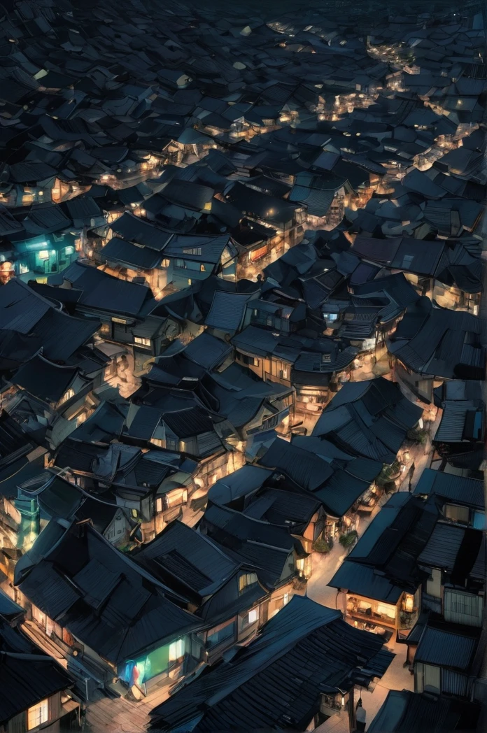 Aerial view of a small Japanese town at night、