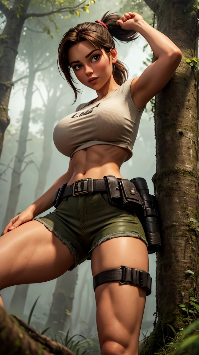 8k, ultra HD, super details, high qualiy, high resolution. lara Croft looks beautiful in full body photo, her body is sculptural. Her black hair is tied in a ponytail, a perfect match for her full lips., your shining eyes hypnotize everyone. She's wearing a white T-shirt, adjusted to the body, which allows freedom of movement, shortinho cor khaki, with side pockets that are practical for storing items, black combat boots, robust and suitable for difficult terrain, a utility belt, often adorned with climbing equipment and archeology tools, Lara is also often seen with a pair of pistols in holsters on her waist., reflecting his fearless character and combat skills. She is very sexy, drawing attention to her big breasts and thick legs. She is in a dark forest in the fog