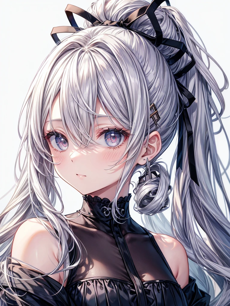 masterpiece, Highest quality, detail, Silver Hair、Drill Hair、ponytail、Black ribbon hair clip、White background