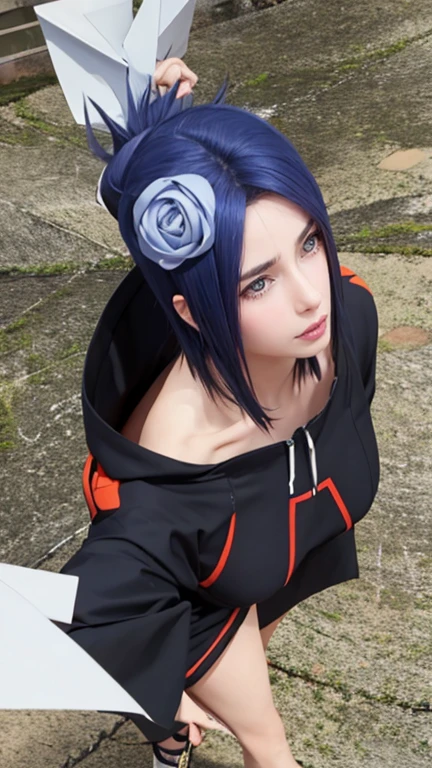 (((akatsuki outfit,Xiao clothing, ninja, black cloak,black coat, (((heavy,the woman \(naruto\),the woman, blue hair, Orange pupils, short hair, hair ornament, flower, hair flower, ))),(((wide hips))),S-shaped body:1.7))),((masterpiece)),high resolution, ((Best quality at best)),masterpiece,quality,Best quality,((( Exquisite facial features,looking at the audience,There is light in the eyes,shy,blush,pain,endure ))),(((Light and shadow interlace,super gigantic ,cleavage))),(((looking into camera,from above,looking down,looking into camera,white paper airplane,white paper,Hands hidden in sleeves ,sexy body)))