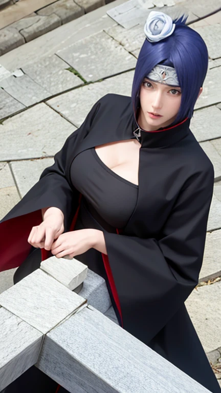 （（（akatsuki outfit，Xiao clothing, ninja, black cloak,black coat, （（（heavy，the woman \(naruto\),the woman, blue hair, Orange pupils, short hair, hair ornament, flower, hair flower, ））），（（（wide hips））），S-shaped body:1.7））），((masterpiece)),high resolution, ((Best quality at best))，masterpiece，quality，Best quality，（（（ Exquisite facial features，looking at the audience,There is light in the eyes，shy，blush，pain，endure ））），（（（Light and shadow interlace，super gigantic ，cleavage））），（（（looking into camera，from above，looking down，looking into camera，white paper airplane，white paper，Hands hidden in sleeves ，sexy body）））