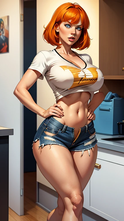 Nordic girl, white skin, medium-short height, medium orange hair, with unruly bangs.  Lively and expressive blue eyes. She was wearing torn shorts, a shirt with a striking gold zipper.  high heels most beautiful woman in the world, busty. Big hip. Comic style