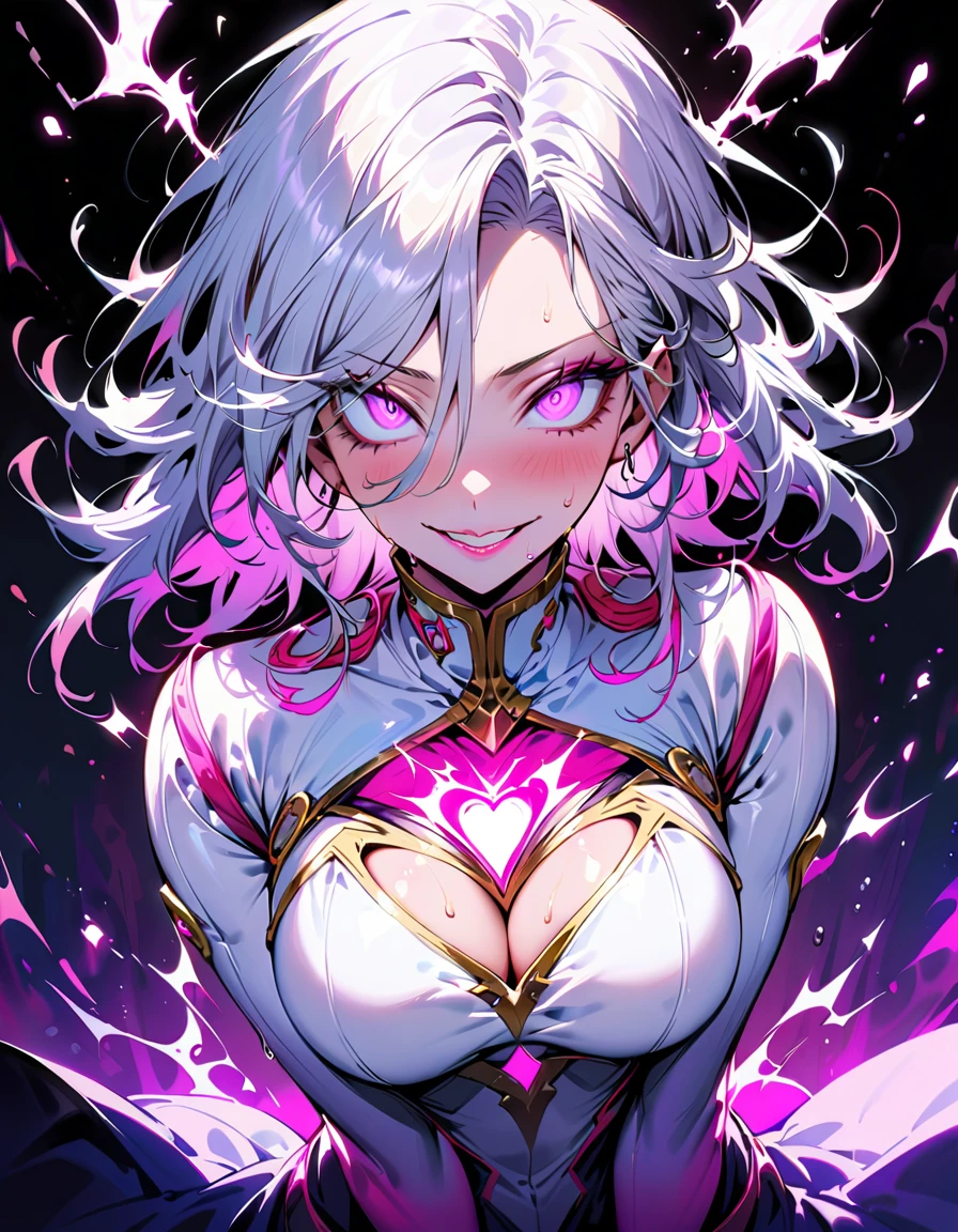 1 beautiful woman,(Highest quality,Extremely detailed depiction,Incredibly absurd high resolution,Anatomically accurate depiction,Perfect body,Two curvaceous legs),(female sentai heroine),(White and pink bodysuit),eyelash,eye shadow,eyeliner,mascara,(Flashy makeup,Intensely glowing purple eyes,(Crazy Eyes),Glossy Lips,Purse your lips,blush,Evil smile,There is cleavage in the chest,whole body),Sweat,Seductive gestures,background:In the dark base