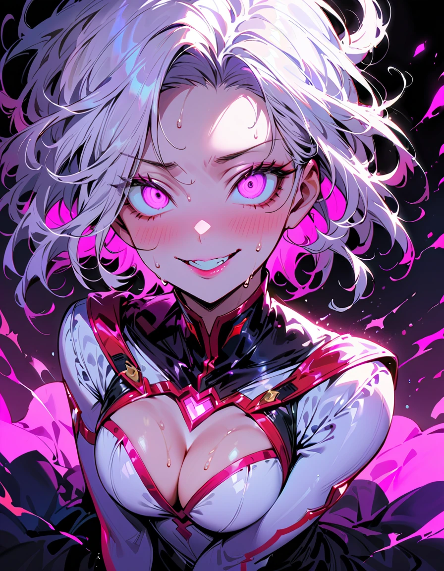 1 beautiful woman,(Highest quality,Extremely detailed depiction,Incredibly absurd high resolution,Anatomically accurate depiction,Perfect body,Two curvaceous legs),(female sentai heroine),(White and pink bodysuit),eyelash,eye shadow,eyeliner,mascara,(Flashy makeup,Intensely glowing purple eyes,(Crazy Eyes),Glossy Lips,Purse your lips,blush,Evil smile,There is cleavage in the chest,whole body),Sweat,Seductive gestures,background:In the dark base