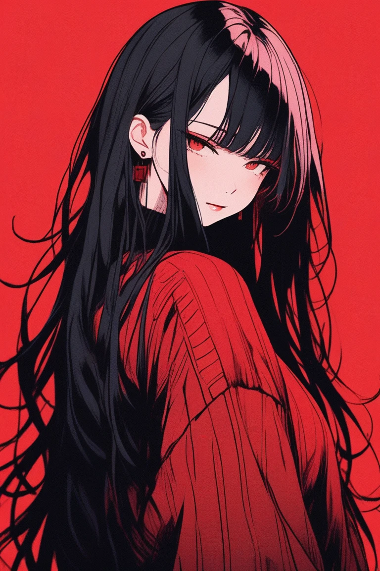 (best quality, sketch:1.2),realistic,illustrator,anime,1 girl, detailed lips, sweater, custom, red gradient background, neon hair, dark red straight hair, long all-back hair, forehead showing, all back bangs, overconfident attitude, mean smile, red straight hair, long all-back hair, forehead showing, all back bangs, overconfident attitude, mean smile, smiling a little, cool vibes, cool vibes, textured cropping, masterpiece, style retro classic, noir dark 