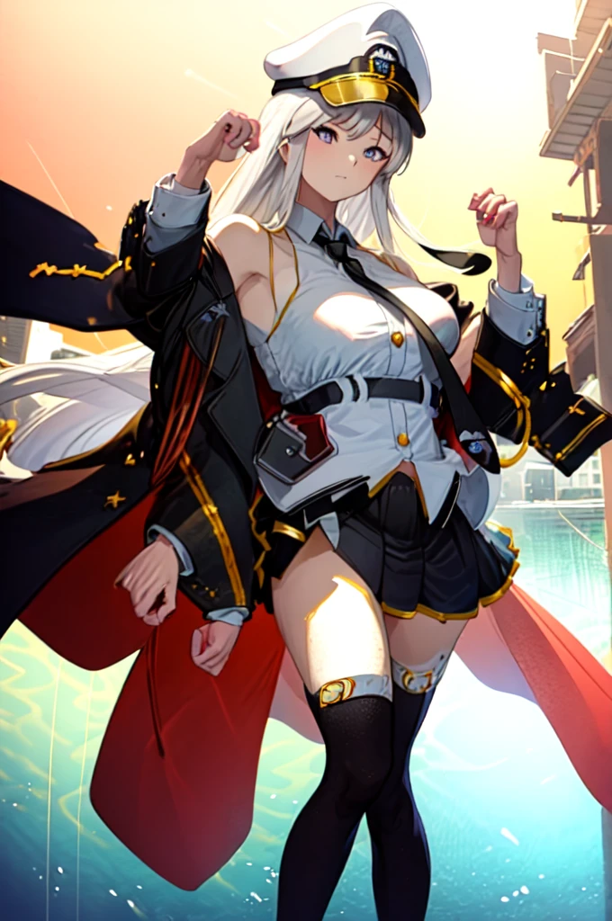 masterpiece, best quality, highres, aaenter, long hair, hat, white headwear, large breasts, black necktie, sleeveless shirt, white shirt, off shoulder, black coat, open coat, belt, pleated skirt, black skirt, black thighhighs, cowboy shot, standing, outdoors, ocean in background, 2D