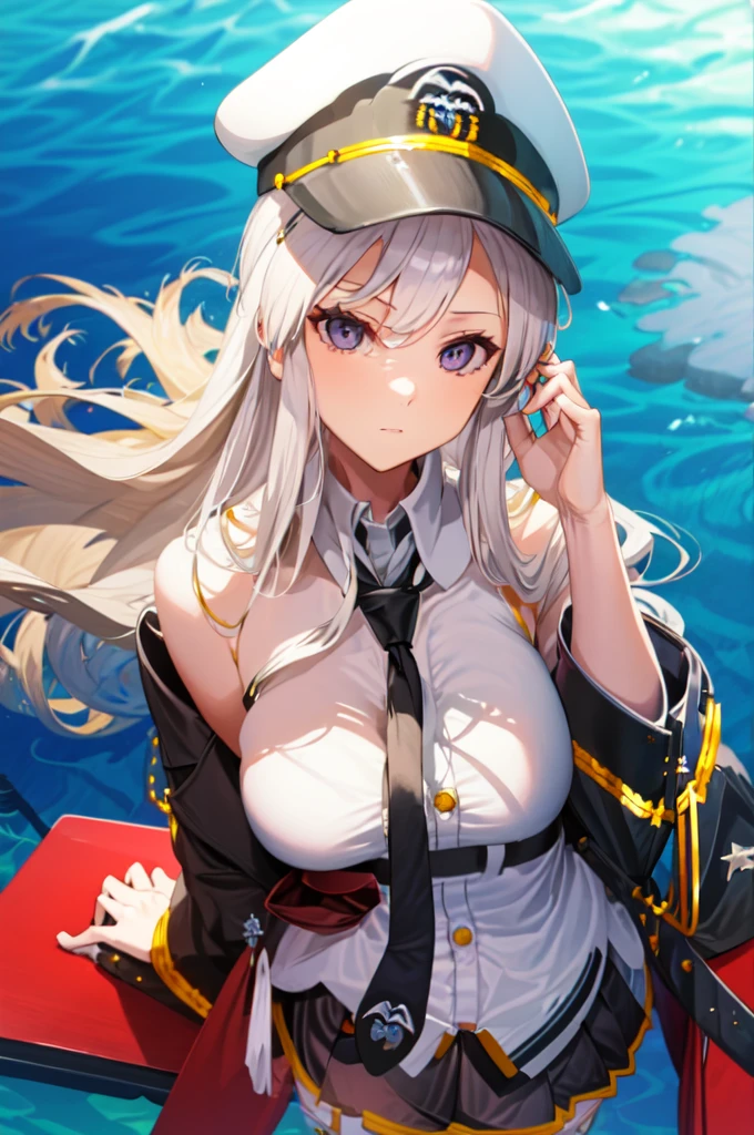 masterpiece, best quality, highres, aaenter, long hair, hat, white headwear, large breasts, black necktie, sleeveless shirt, white shirt, off shoulder, black coat, open coat, belt, pleated skirt, black skirt, black thighhighs, cowboy shot, standing, outdoors, ocean in background, 2D