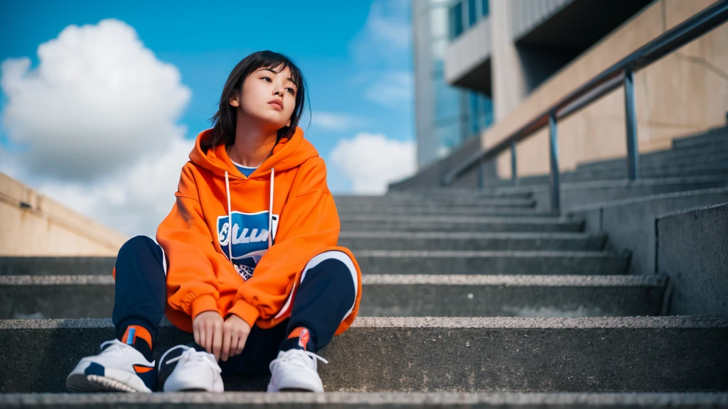 1girl,blue sky,blurry background,building,city,cloud,cloudy sky,day,depth of field,hood,hooded jacket,hoodie,jacket,side,Orange Hoodie,Looking up,Shoes close to the camera,From below,full body,lips,long sleeves,looking at viewer,motion blur,outdoors,parted lips,railing,shoes,shorts,sitting,sky,sneakers,solo,stairs