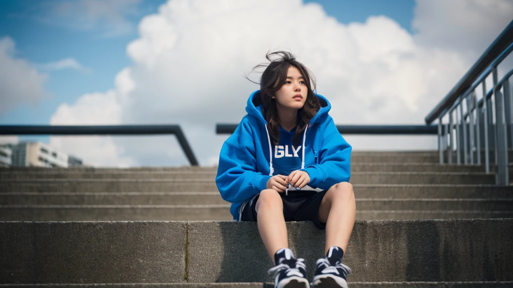 1 girl,blue sky,blurred background,architecture,City,cloud,cloudy sky,sky,depth of field,hood,hooded Jacket,hoodie,Jacket,Side,Orange Hoodie,look up,Shoe close to the camera,from below,whole body,lips,long sleeve,looking at the audience,motion blur,outdoor,parted lips,railing,shoe,shorts,sitting,sky,Sports shoes,alone,stairs