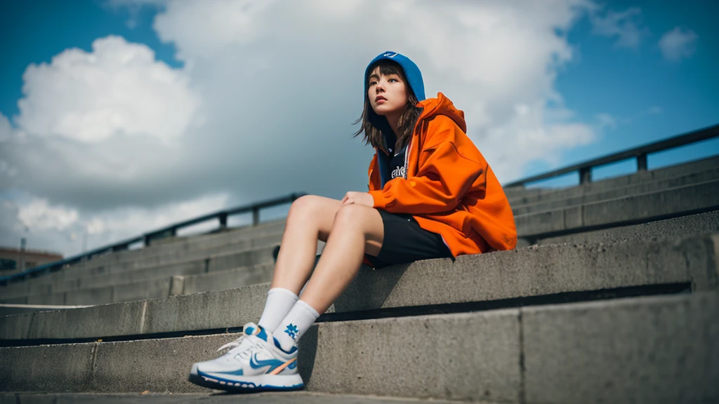 1 girl,blue sky,blurred background,architecture,City,cloud,cloudy sky,sky,depth of field,hood,hooded Jacket,hoodie,Jacket,Side,Orange Hoodie,look up,Shoe close to the camera,from below,whole body,lips,long sleeve,looking at the audience,motion blur,outdoor,parted lips,railing,shoe,shorts,sitting,sky,Sports shoes,alone,stairs