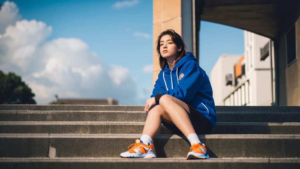 1 girl,blue sky,blurred background,architecture,City,cloud,cloudy sky,sky,depth of field,hood,hooded Jacket,hoodie,Jacket,Side,Orange Hoodie,look up,Shoe close to the camera,from below,whole body,lips,long sleeve,looking at the audience,motion blur,outdoor,parted lips,railing,shoe,shorts,sitting,sky,Sports shoes,alone,stairs