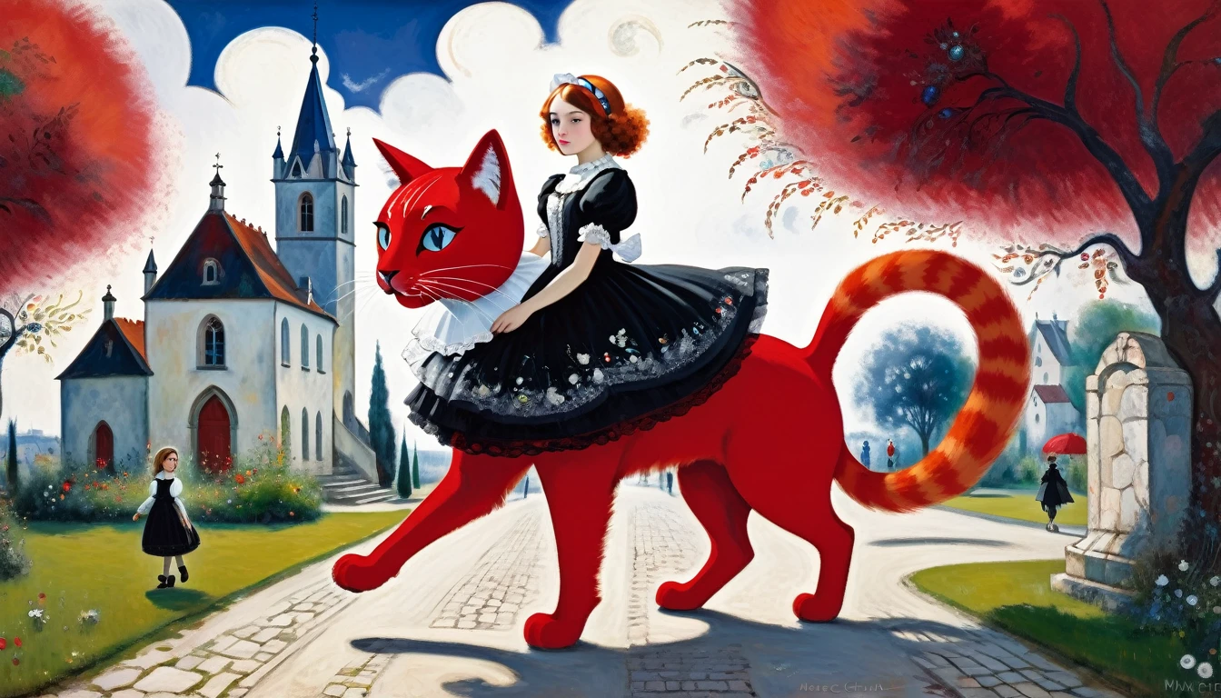 (Girl with giant big red cat) morning promenade, Baroque, Gothic ta, cute, 1 girl, solo, full body, black dress, absurdity, white lace, ((Marc Chagall style)), magical naive art, primitivism, protogen,((Better quality, masterpiece)),
(Higher detail), Impressionism: 1.1, 8k