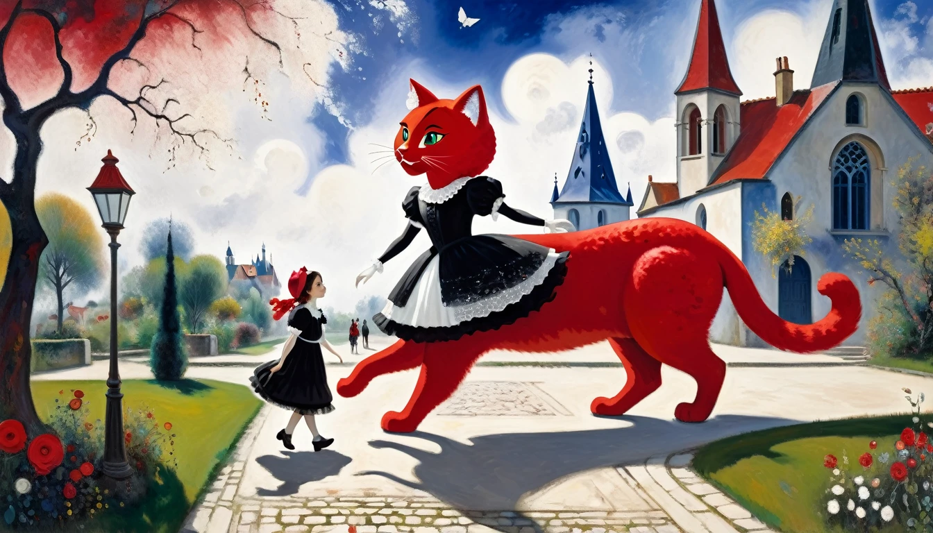 (Girl with giant big red cat) morning promenade, Baroque, Gothic lolita, cute, 1 girl, solo, full body, black dress, absurdity, white lace, ((Marc Chagall style)), magical naive art, primitivism, protogen,((Better quality, masterpiece)),
(Higher detail), Impressionism: 1.1, 8k
