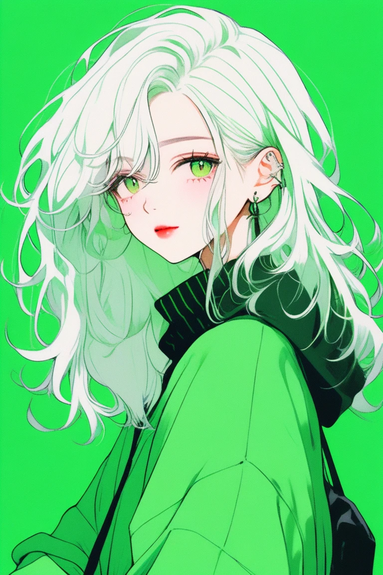 (best quality, sketch:1.2),realistic,illustrator,anime,1 girl, detailed lips, sweater, custom, green gradient background, neon hair, White hair, long white hair, forehead showing, quiet, puzzled face, kind smile, green clothes, Gentle feeling, textured cropping, masterpiece, style retro classic, noir dark