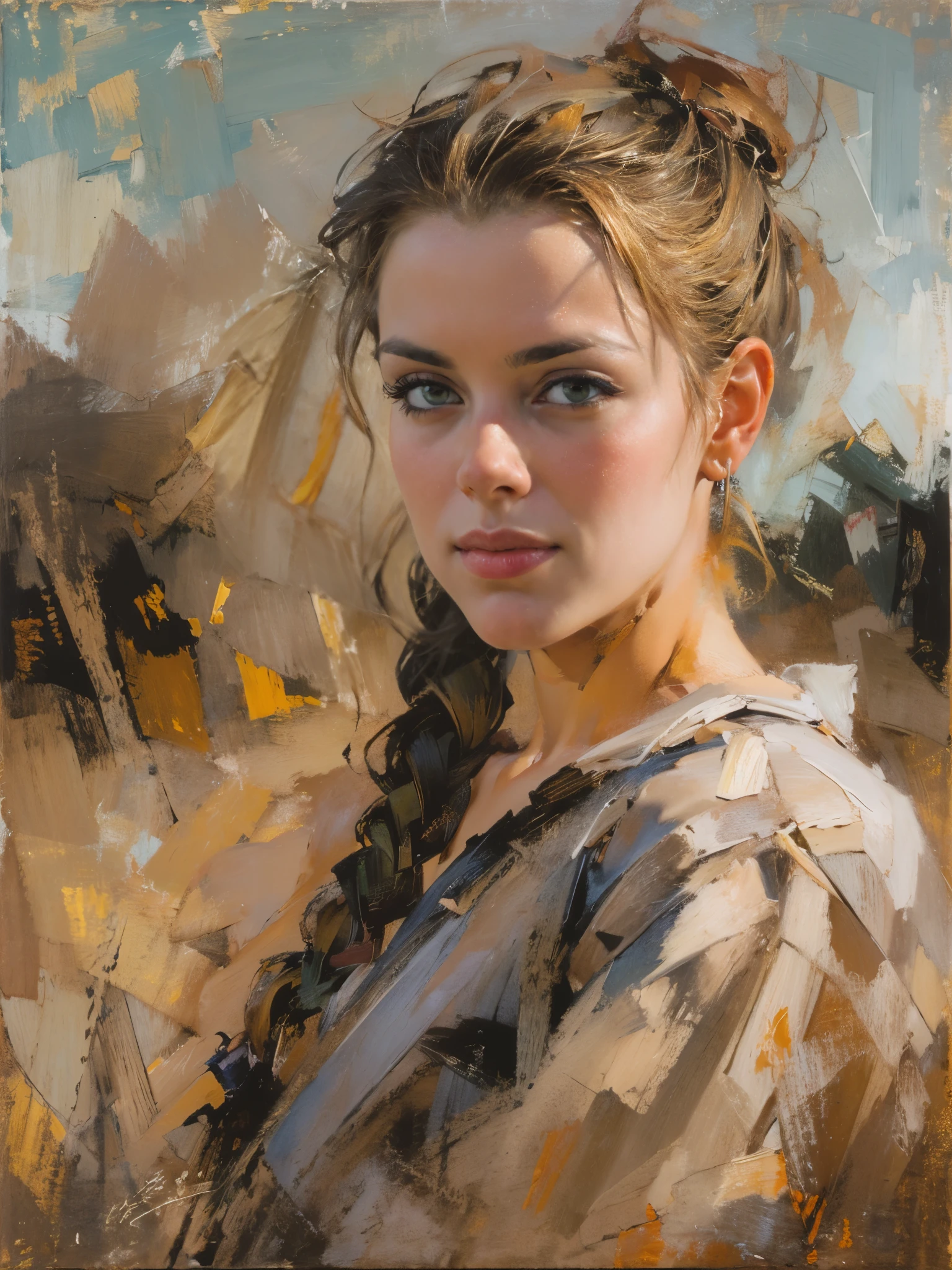 (dramatic illumination, dynamic angle, intense color contrast), (portrait of a young woman with brown hair and green eyes, hair braided over one shoulder, wearing tan shirt with paint sploches, jeans), (slight grin), (welcoming attitude), in vacant field, hilding camera), (artist), (fechin oil painting),