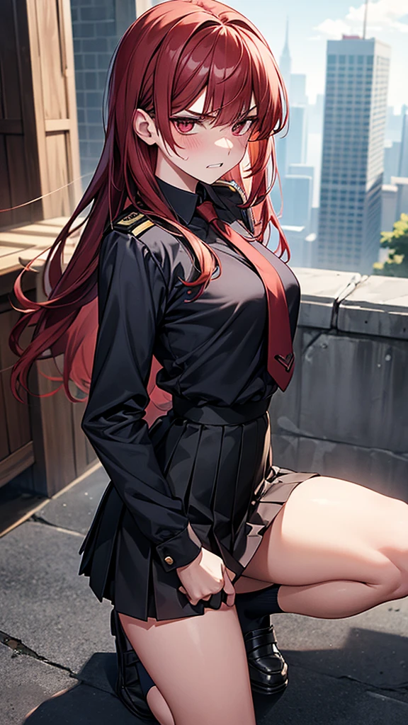 {{masterpiece}}, {{{Highest quality}}},{{Very detailed}}, {{figure}},{{tall}},{{Adult female}},,{{Fighting stance}},｛From Side｝,{{Long sleeve mini skirt uniform}},{{on one knee}},}}{}},{fighting stance}},{},{}, ,{{}},{{Eyelet foot}},,{{blushing with anger}},{{v-shaped eyebrows}},,{{}},{{}},,Slender body}}{{Avoidance}}{{Female police officer}},,,,suspenders　,Long sleeve mini skirt uniform, White High Socks,Black fingerless gloves, Long Red Hair, Red tie,Straight hair ,Blunt bangs,Thigh holster,.amountn loafer,,blush,Wrinkles ,amount,Grit your teeth,suffering,v-shaped eyebrows.,Sweat dripping,Medium chest ,get annoyed,,Slums,,Twisting,abandoned building