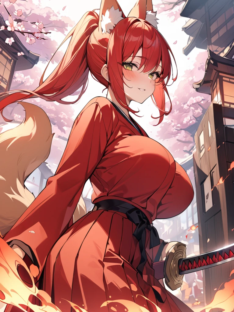 Red long ponytail、Fox ears and nine fox tails of the same color as her hair、A sword with a burning blade、A man wearing a red jacket and hakama、Very large bust、Cherry blossoms and flames scatter、Older sister、Masterpiece、8k