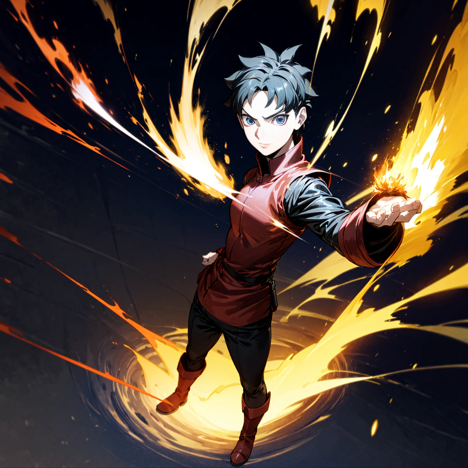 1boy, Full body version, 1character, blue eyes, short haircut, black color hair, soldier style outfit, ban captain, boots, Grassroots, full background in fire tornado, motion blur, (Hunter x Hunter style art), standing gesture, big fire on hand, lighting fire in hand, smoke effect, aura effect, hologram, plasma effect, blood on hand, lighting effect, high angle view 