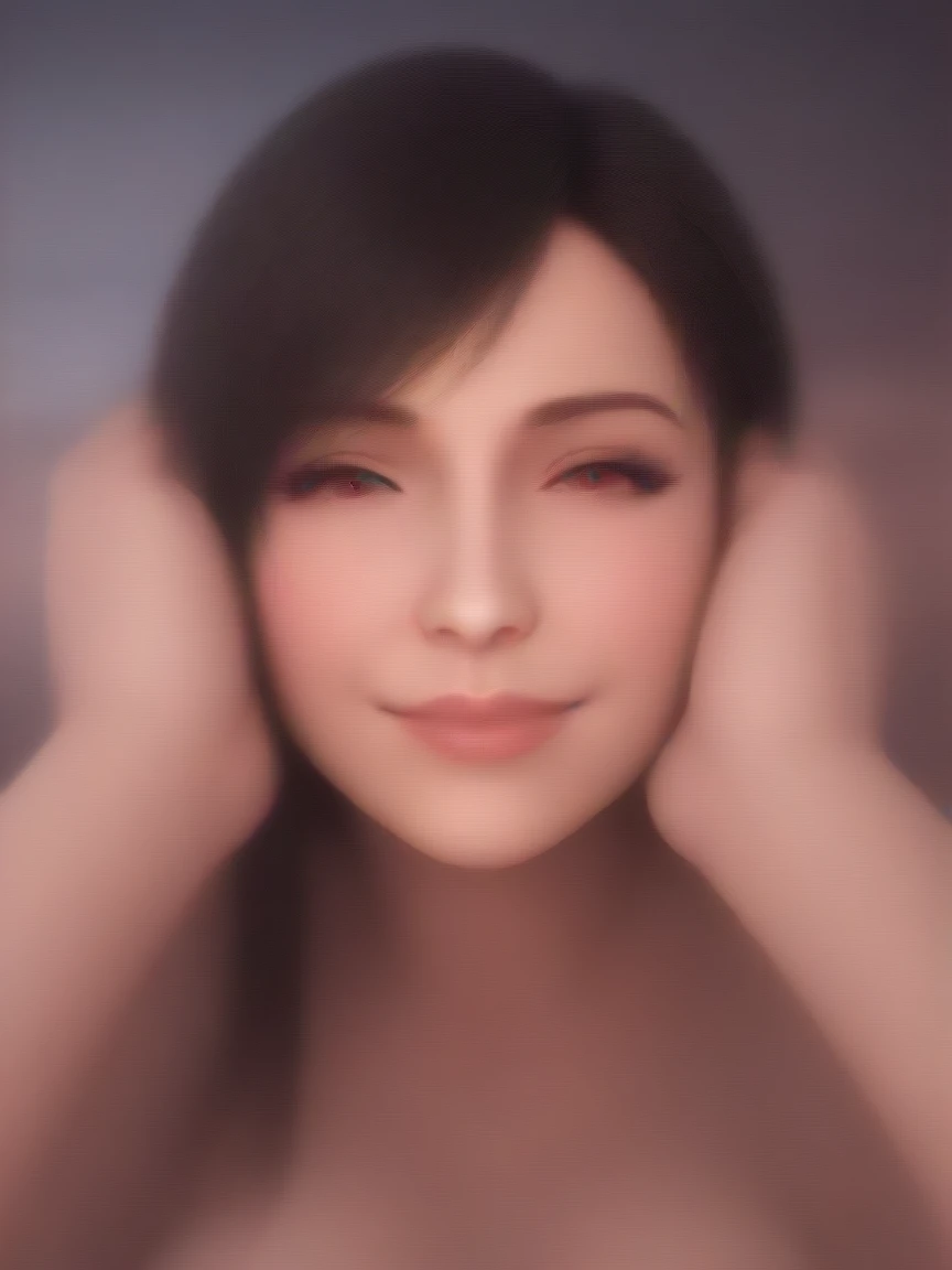 score_9_up, score_8_up, score_7_up, source_3d, blender 3d, detailed 3d, nsfw, detailed body, five fingers, good fingers, Tifa, black hair, long hair, red eyes, Tifa outfit, looking at viewer, pov, realistic, solo focus, on stomach, hands on face, soft smile, closed eyes,  face focus, close up, solo focus, background bedroom, (at night, dark, blurry background), (realistic, cinematic, high quality, photorealistic, best quality, ultra detailed)