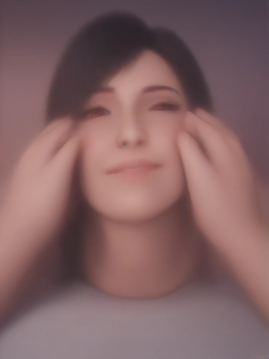 score_9_up, score_8_up, score_7_up, source_3d, blender 3d, detailed 3d, nsfw, detailed body, five fingers, good fingers, Tifa, black hair, long hair, red eyes, Tifa outfit, looking at viewer, pov, realistic, solo focus, on stomach, hands on face, soft smile, closed eyes,  face focus, close up, solo focus, background bedroom, (at night, dark, blurry background), (realistic, cinematic, high quality, photorealistic, best quality, ultra detailed)