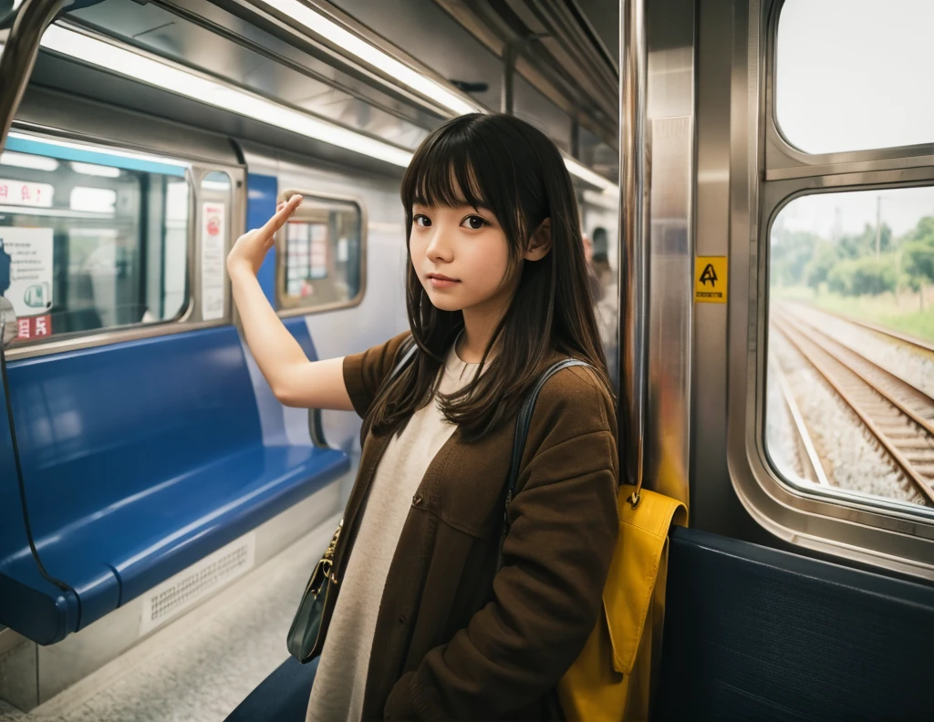 girl, in train, holding hand grip