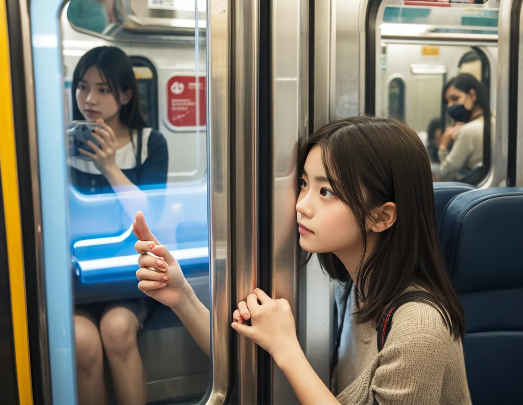 girl, in train, holding hand grip