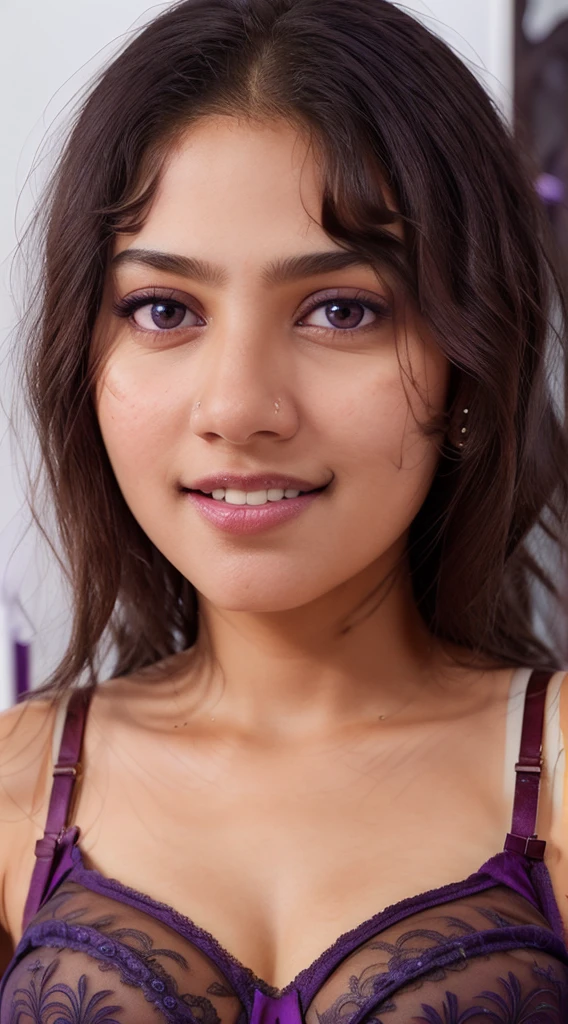 1 girl, solo, Indian, best quality, ultra high res, raw photo, (photorealistic:1.4), masterpiece, detailed face, detailed eyes, detailed skin, glossy skin, (purple sexy bra:1.2), (gigantic breasts:1.1), bob cut, smile, silver necklace, looking at viewer, front view, from above, against white wall,